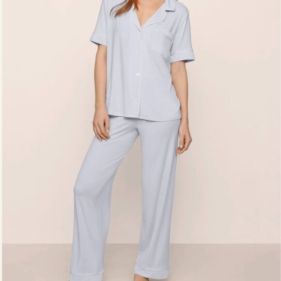 Eberjey Size Large Gisele Tencel Modal Short Sleeve & Pant Set in Ice Blue/Ivory - Picture 1 of 15